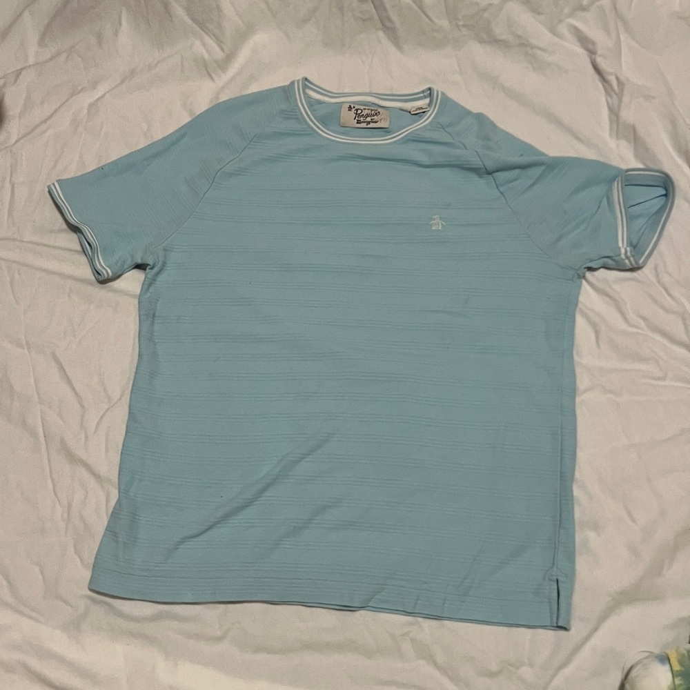 Original Penguin Blue Ringer Sweater Tee Shirt Top Large VTG